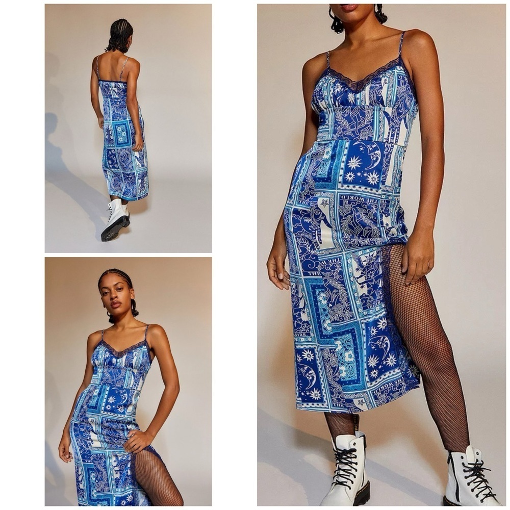 Urban Outfitters Audrey Tarot Palm Reading Moon Floral Blue Lace Midi Slip Dress